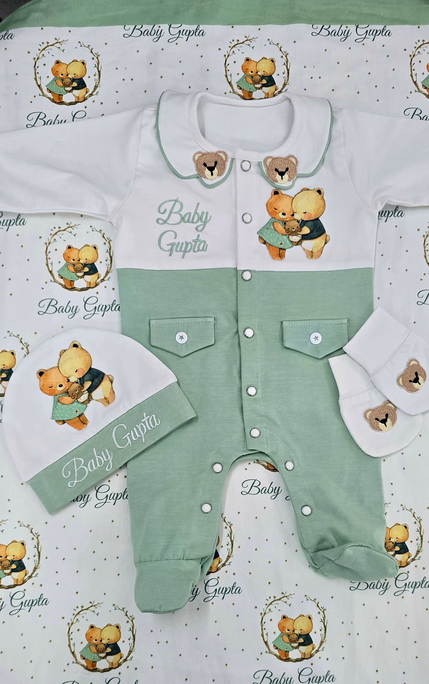 The Teddy Family Sea Green & White Romper Set