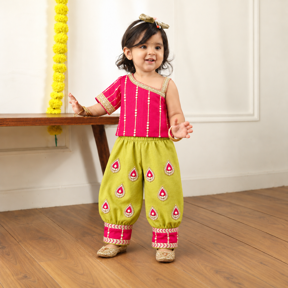 Pink Lime Dhoti Set