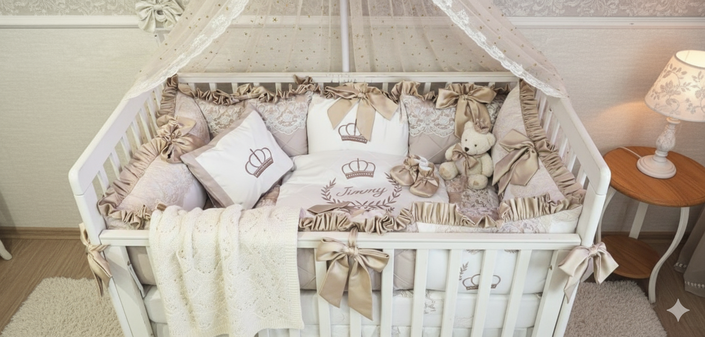 "Royal Prince" Luxury Personalized Crib Bedding Set in Champagne & Lace