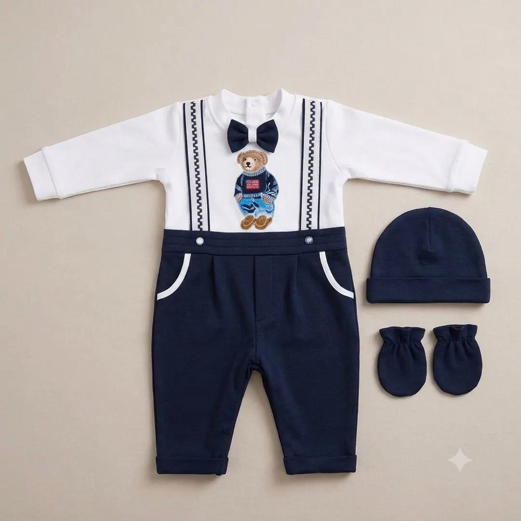 Navy Teddy Bear Romper Set