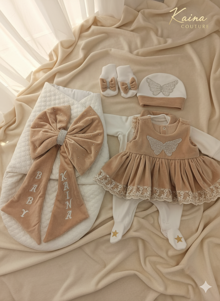 The "Kaina" Butterfly Deluxe Layette Set five-piece couture layette set,