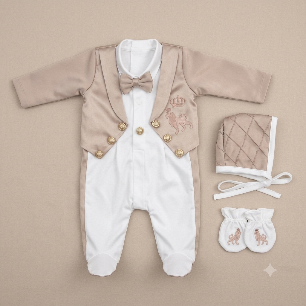 Beige Lion Tuxedo Romper Set