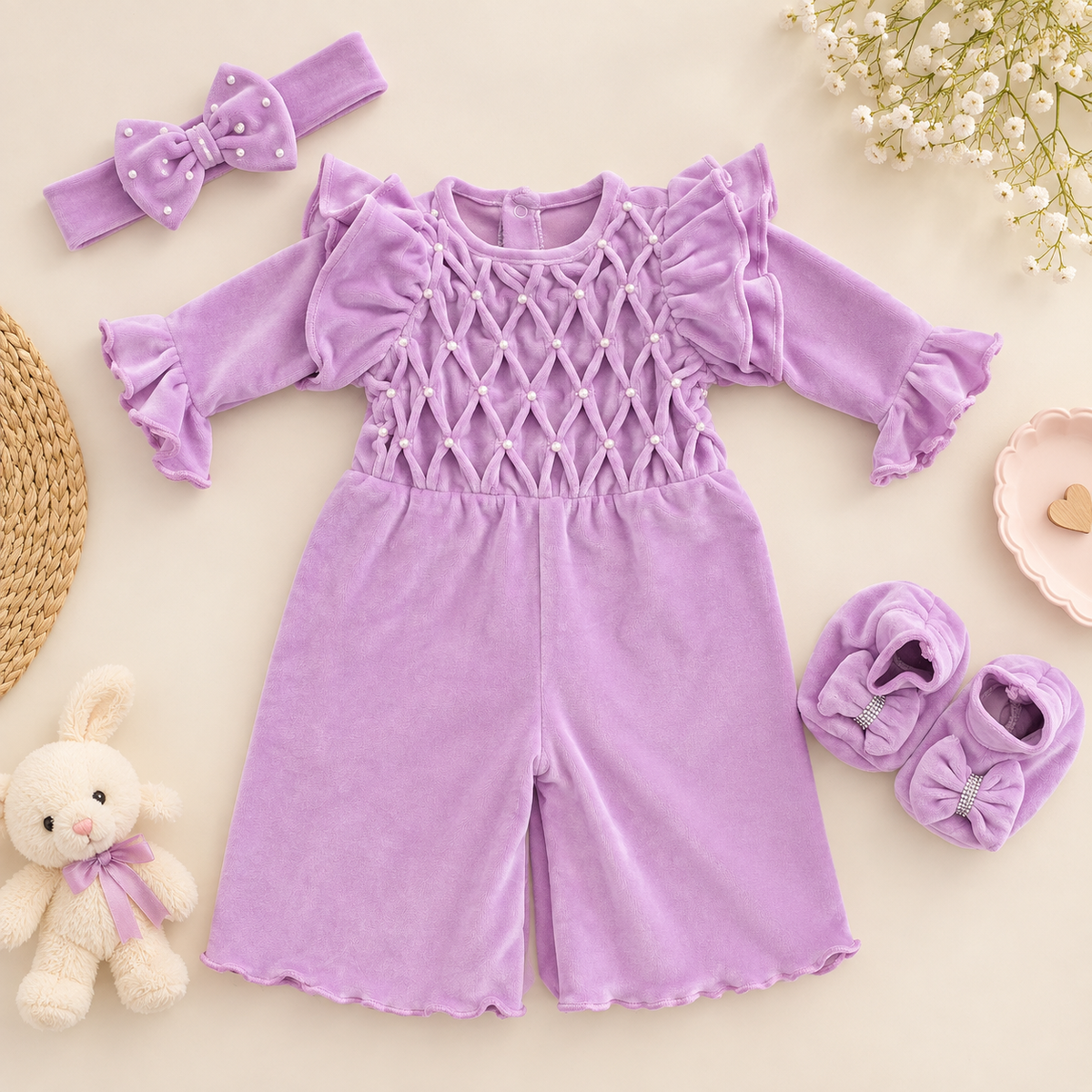 A baby girl's lavender velvet romper set with matching accessories, including a headband with a bow, a small bow, and booties, arranged in a flat lay with a teddy bear, basket, and flowers on a cream background.