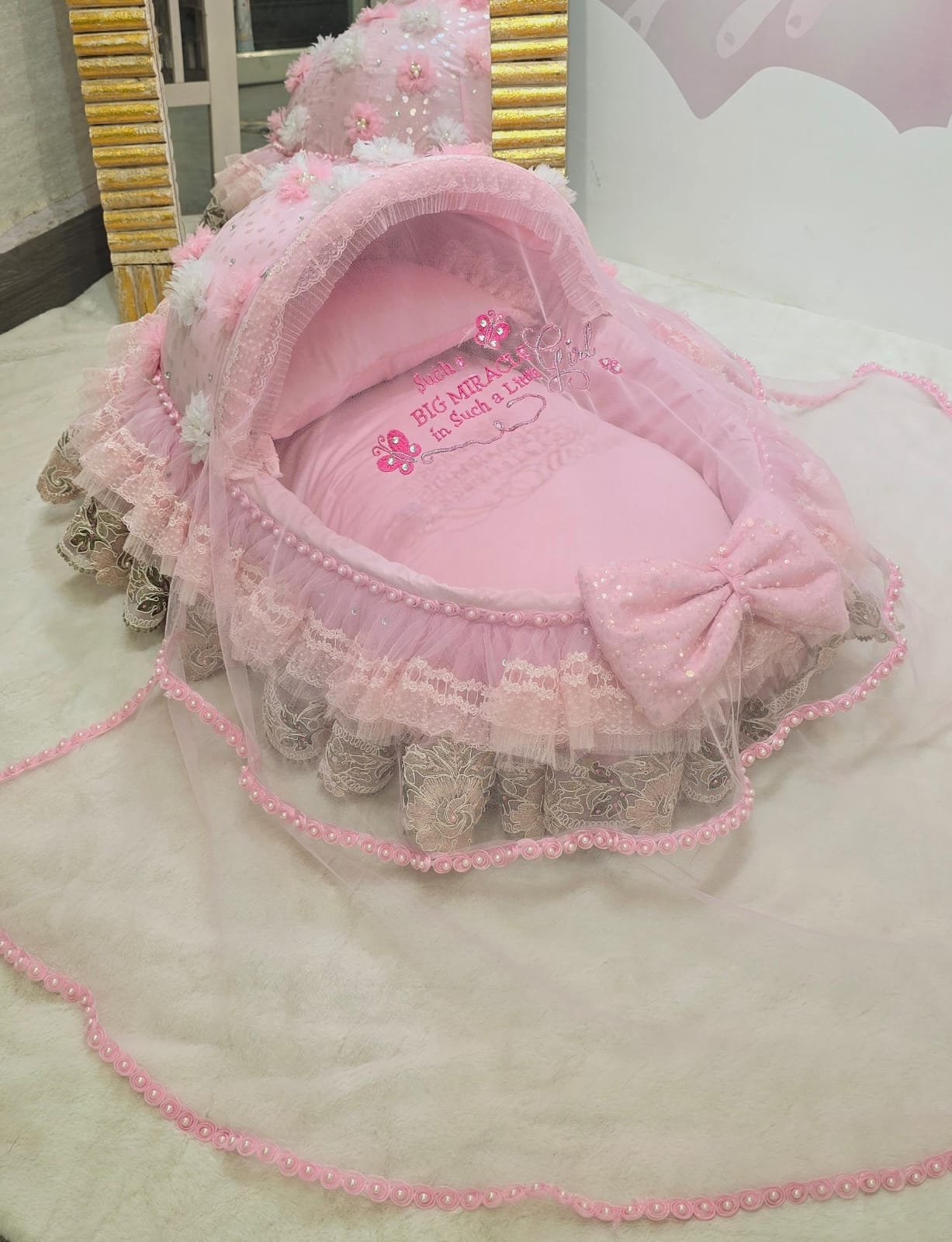 The Princess Cradle: Where Sweet Dreams Bloom.Pink Bassinet