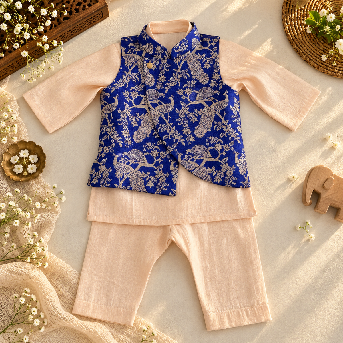 Blue Brocade Jacket Set