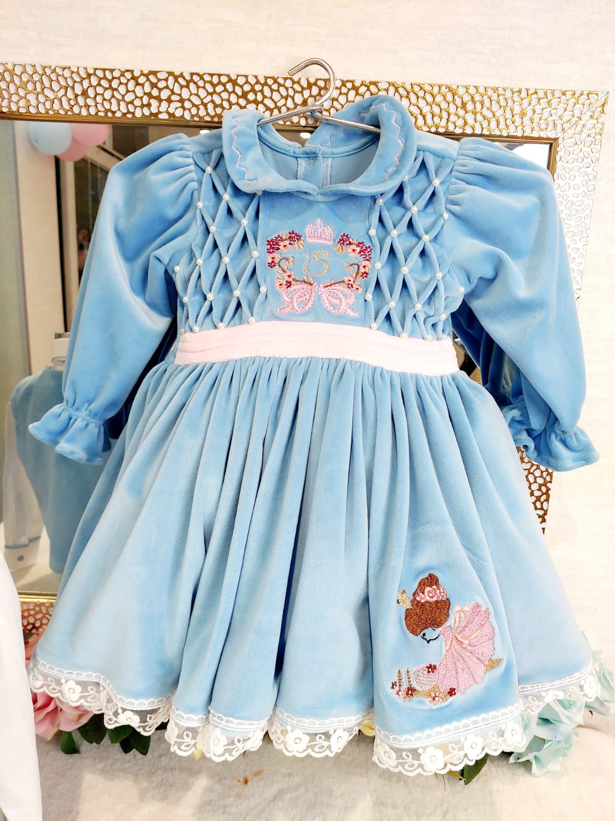 Princess Aurora Velvet Smocked Dress – Sky Blue