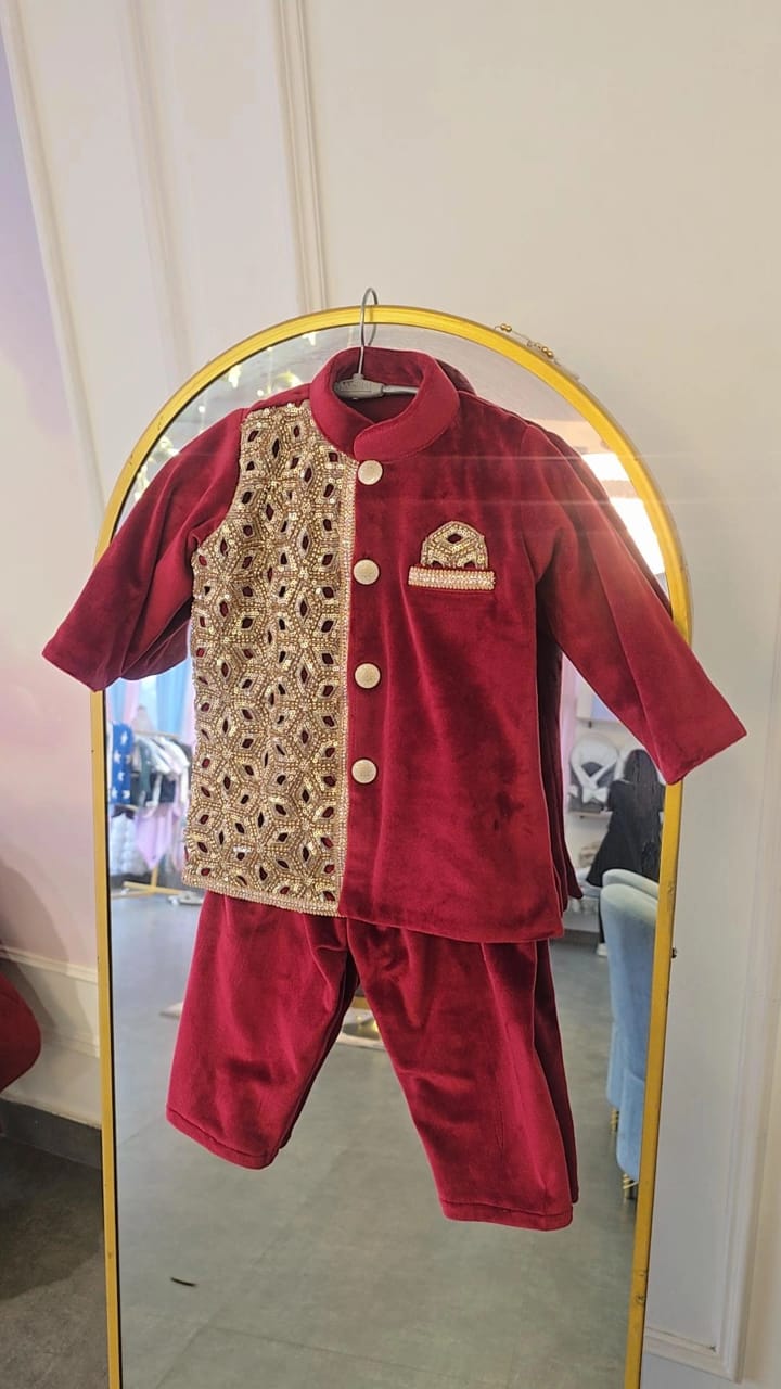 Regal Burgundy Velvet & Gold Brocade 2-Piece Boy's Set