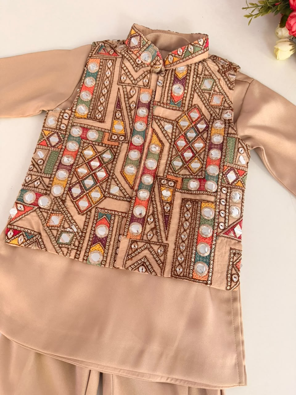 Beige Mirror Work Kurta Set