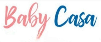 Logo with 'Baby Casa' text in pink and blue on a white background