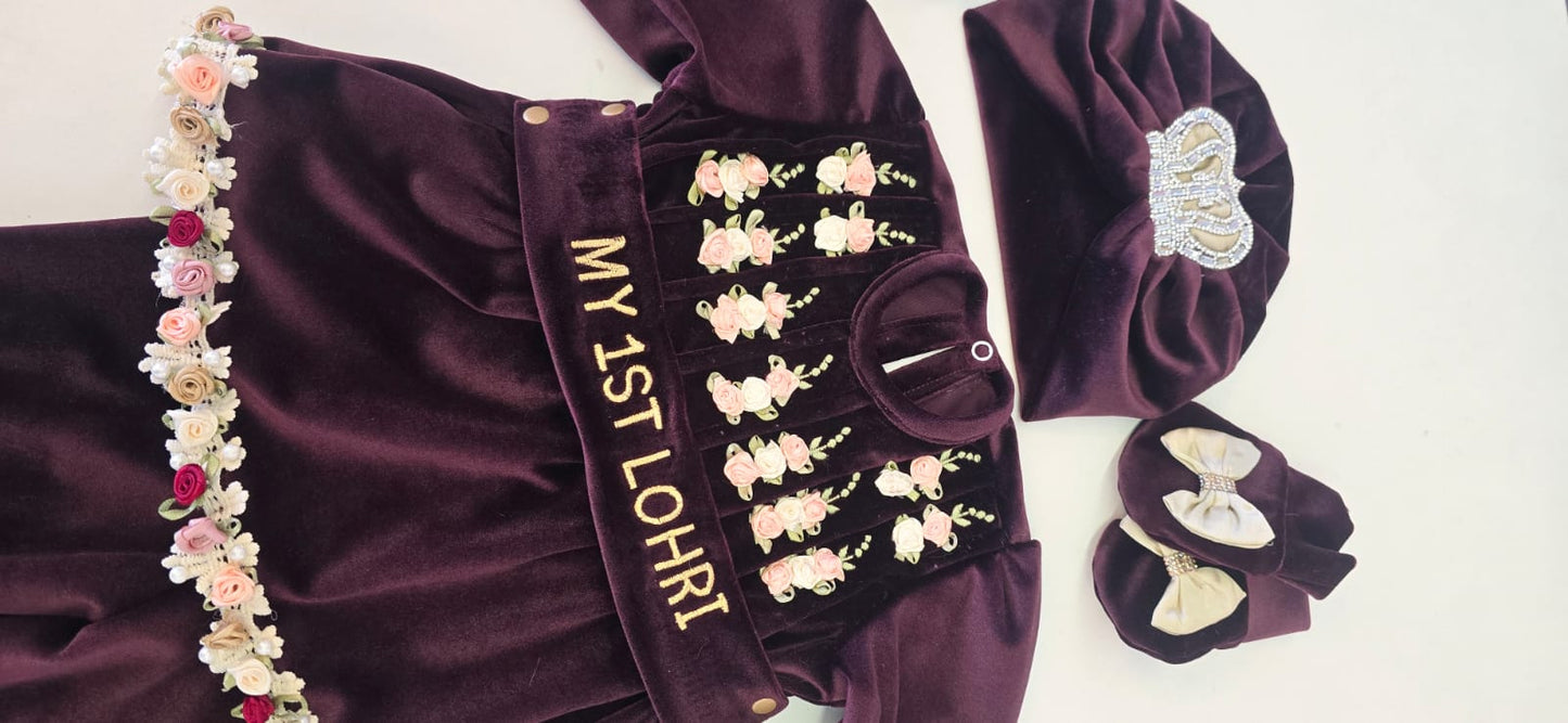 My 1st Lohri" Baby Girl’s Luxury Velvet Peplum Set – Deep Plum