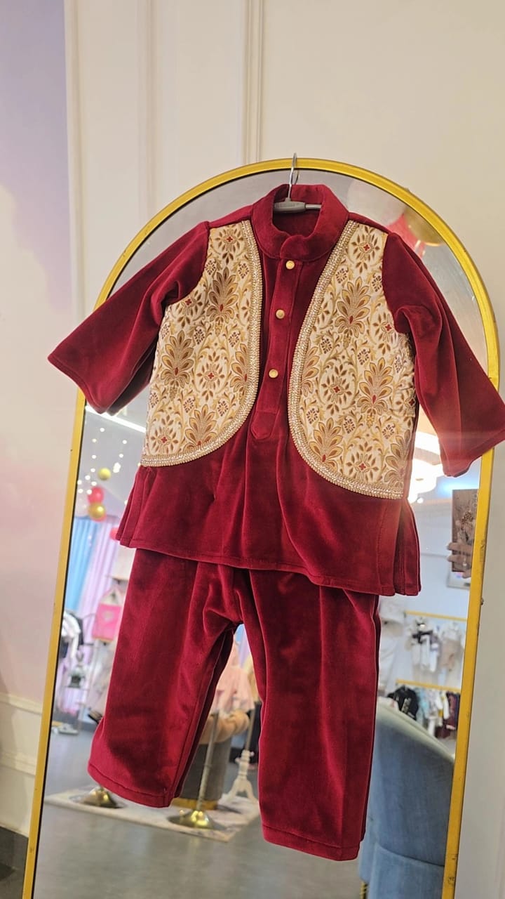 Regal Burgundy Velvet & Gold Brocade 2-Piece Ensemble