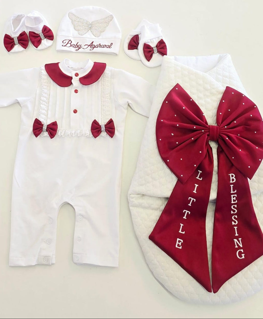 The Maroon Bow Swaddle Sheet Combo Set