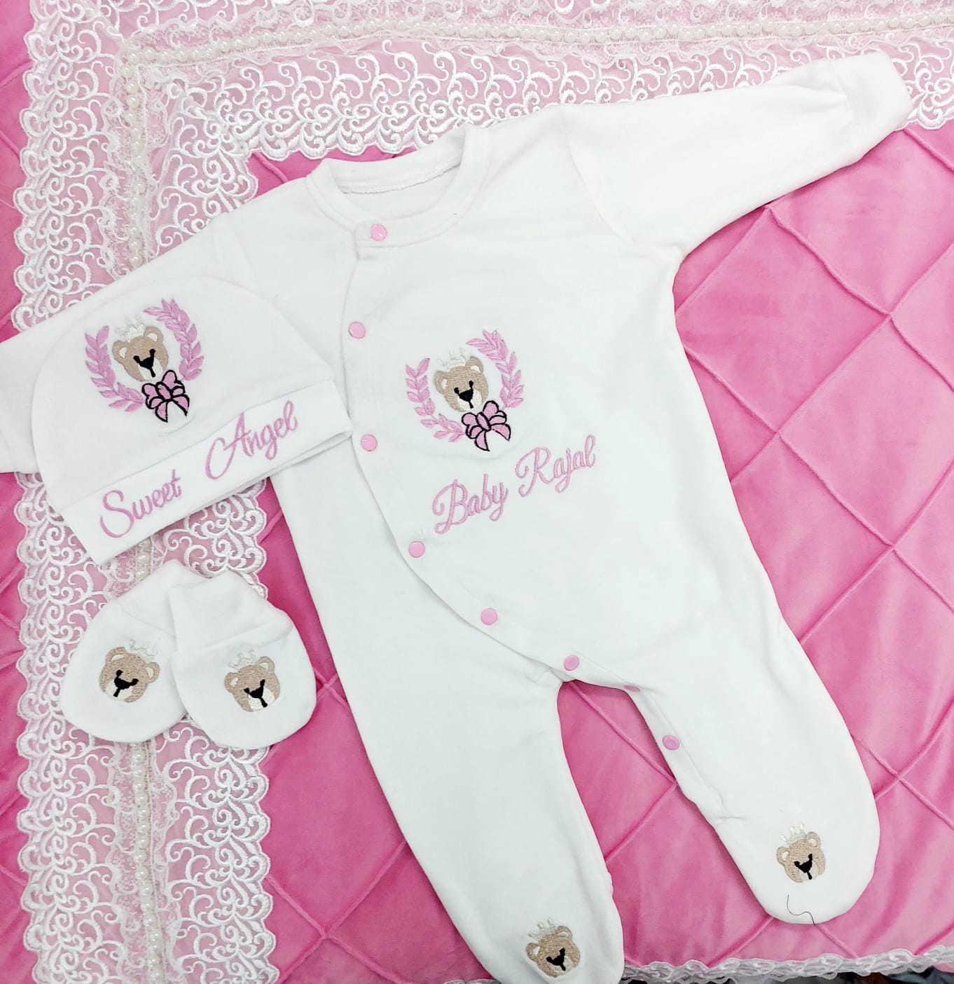 The Side Pattern White pink Romper Set