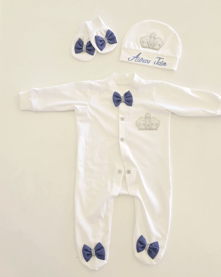 The Blue Bow & Pearl Crown Romper Set