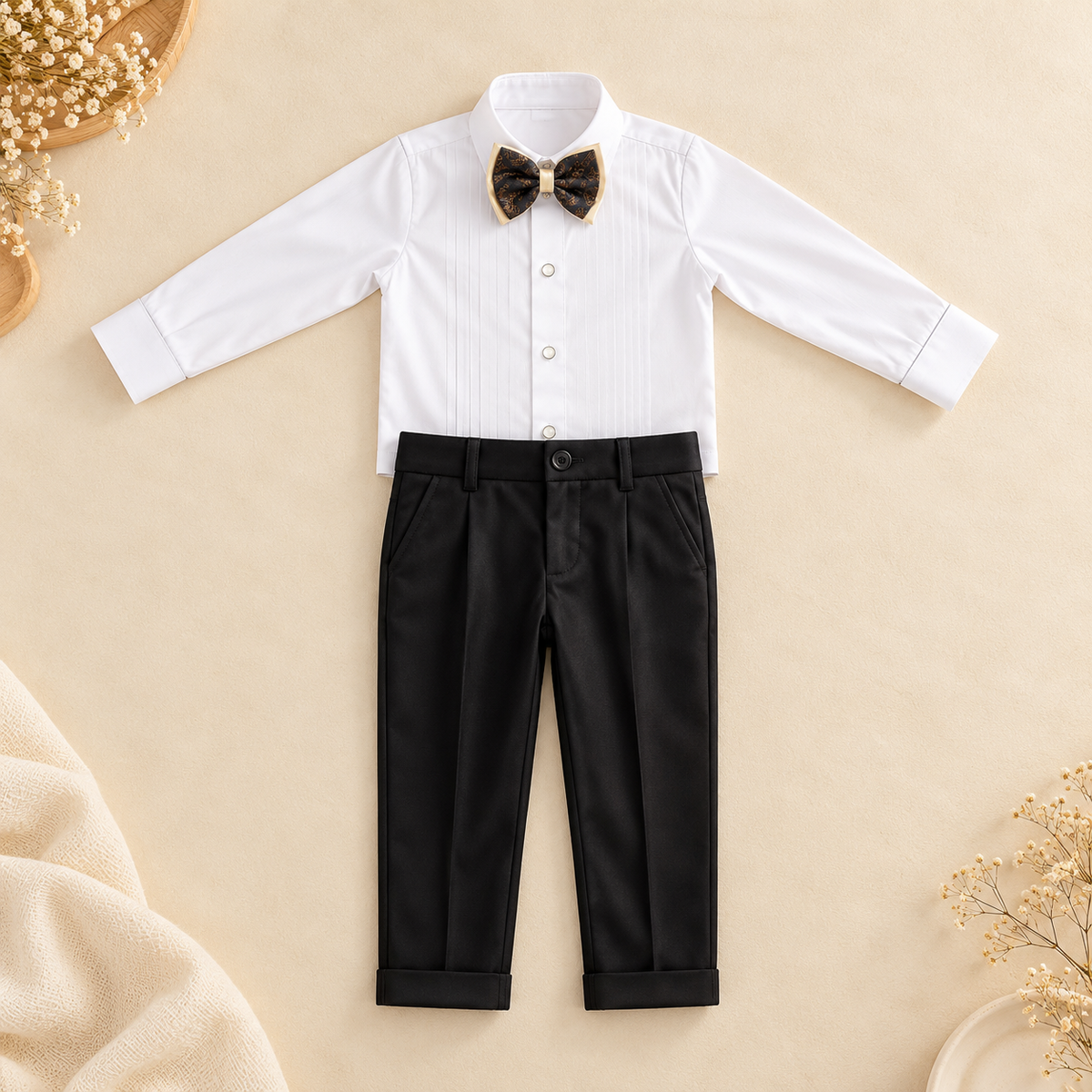 A children's formal outfit laid flat on a beige background, featuring a white long-sleeve button-front shirt with a small black bow tie, paired with black trousers.