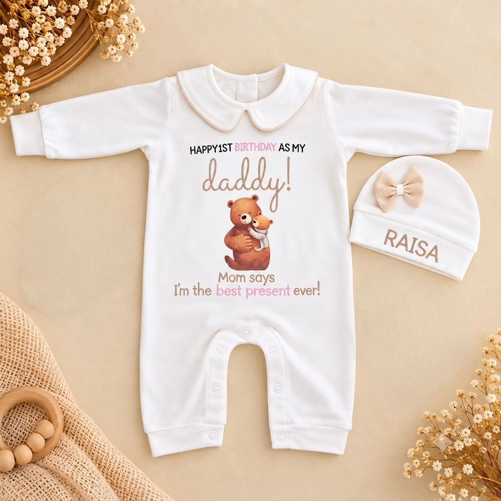 A white long-sleeve baby romper with a cute teddy bear graphic and birthday text, displayed alongside a matching white baby hat with a bow and the name 'RAISA' on a beige background with decorative dried flowers.