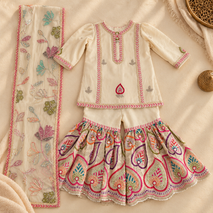 A traditional Indian girl's outfit set featuring an off-white embroidered kurta with pink and multicolor details, matching flared pants, and a sheer embroidered dupatta, laid flat on a beige fabric background.