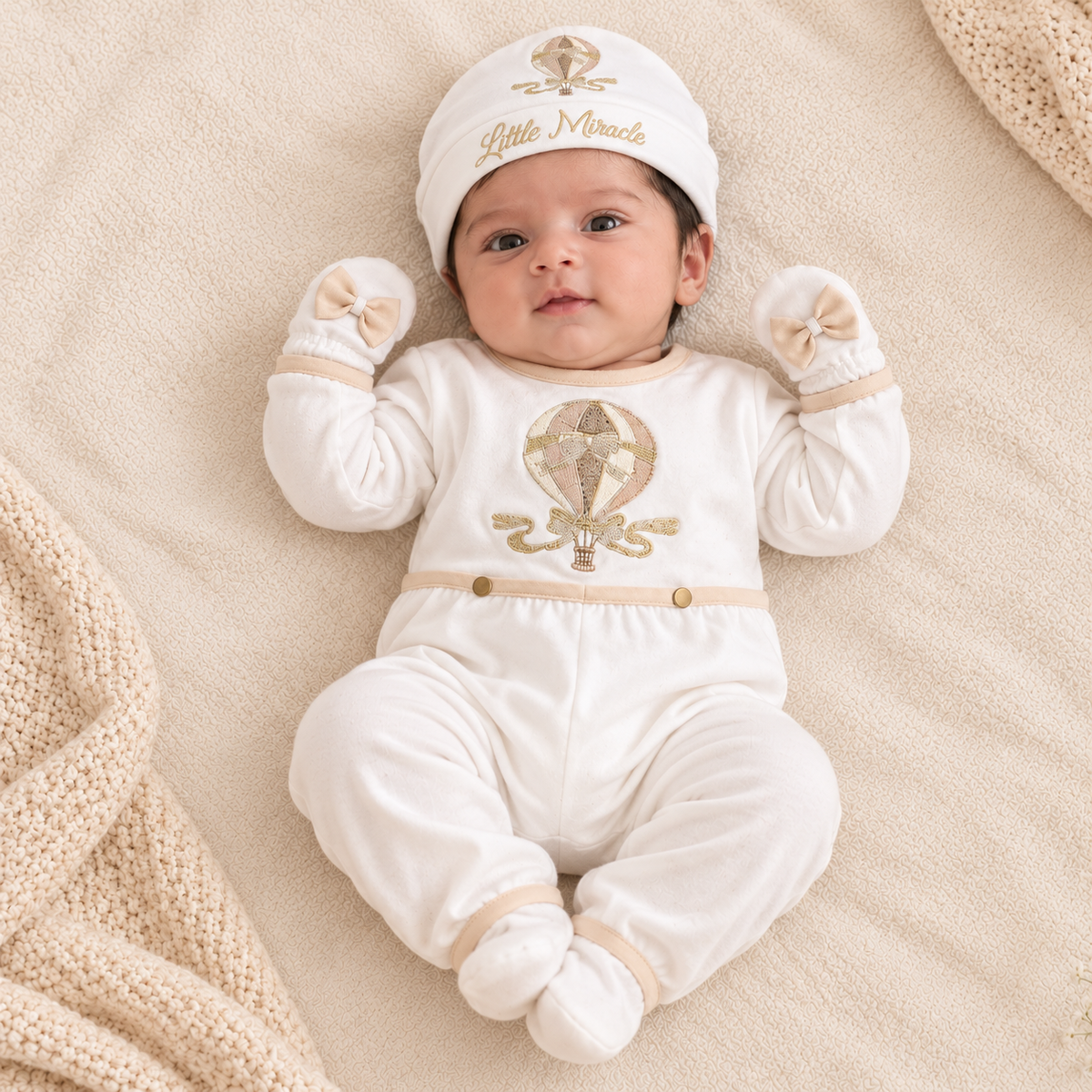 A baby lying on a soft cream blanket wearing a white footless onesie with a gold hot air balloon graphic on the chest, a matching white beanie with gold embroidery reading 'Little Miracle,' and white booties with bow accents.