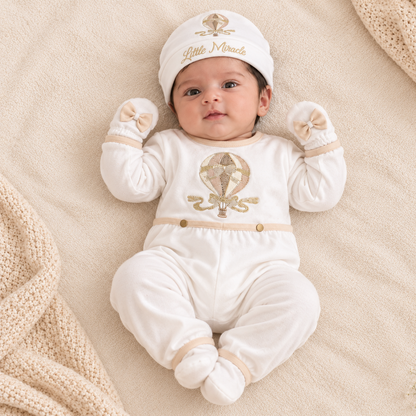 A baby lying on a soft cream blanket wearing a white footless onesie with a gold hot air balloon graphic on the chest, a matching white beanie with gold embroidery reading 'Little Miracle,' and white booties with bow accents.