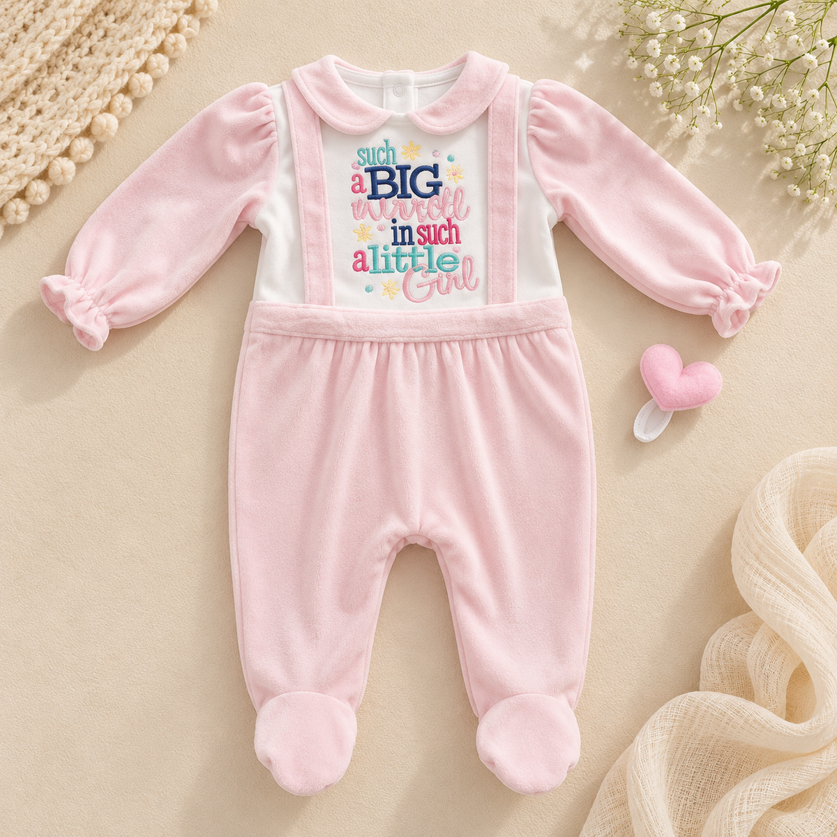A baby girl's pink footed sleeper with long sleeves and a white bib-style chest panel featuring the text 'such a BIG wonderful in such a little Girl' in colorful lettering. The sleeper has a soft pink velour-like texture and matching pink foot cuffs, styled on a beige background with baby props.