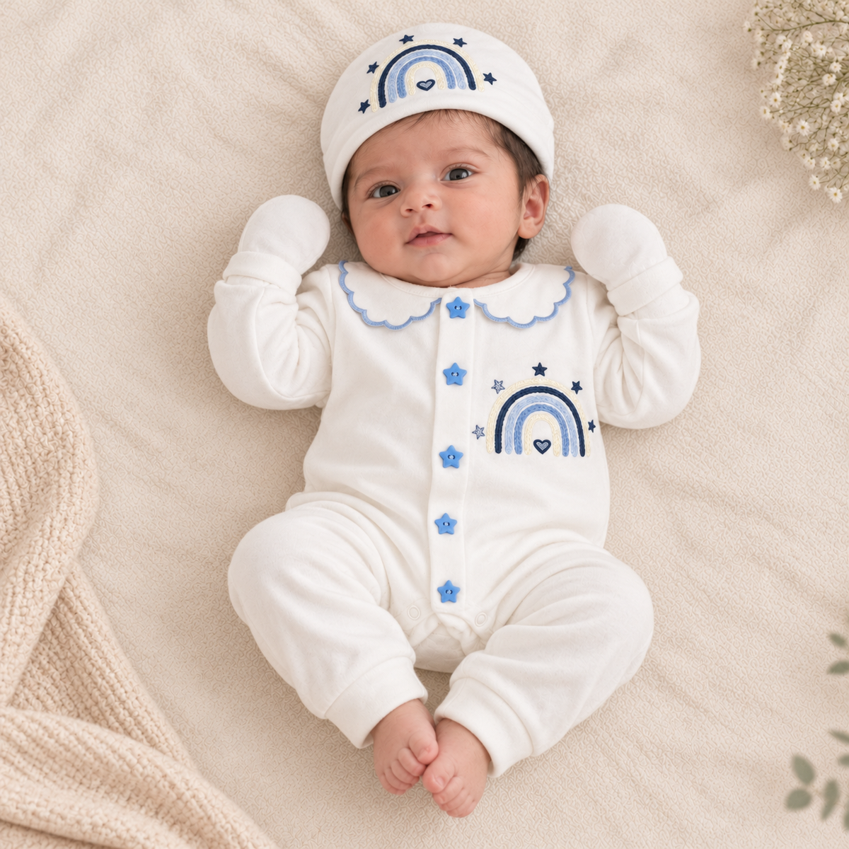 A baby lying on a soft cream blanket, wearing an off-white long-sleeve footless onesie with blue rainbow and star embroidery, matching mittens, and a matching beanie.