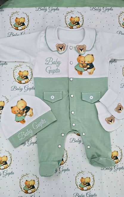The Teddy Family Sea Green & White Romper Set