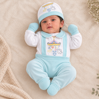 A baby lying on a soft beige blanket, wearing a light blue and white footed sleeper with a matching beanie. The sleeper has a white long-sleeve top with a light blue collar, light blue footed pants, and a matching light blue beanie.
