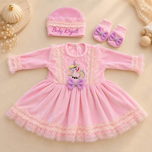 Pink Unicorn Lace Frock Set