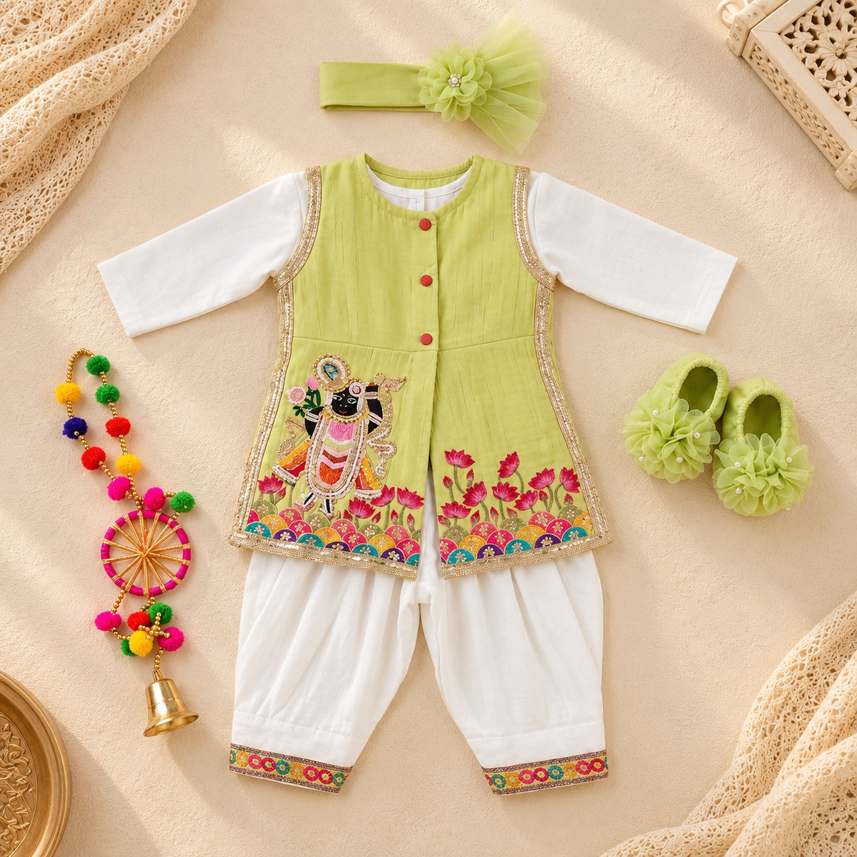 Pista Green Krishna Kurta Set