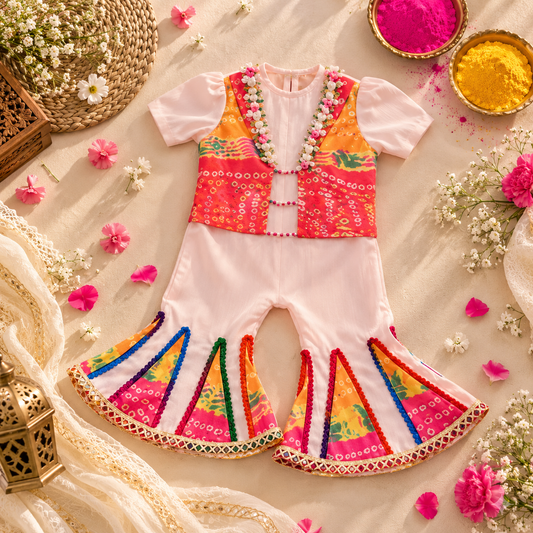 A toddler girl's traditional Indian ethnic outfit featuring a white short-sleeve jumpsuit with colorful embroidered patterns on the vest and flared pants, styled in a flat-lay with flowers, a lantern, and holi powder bowls.