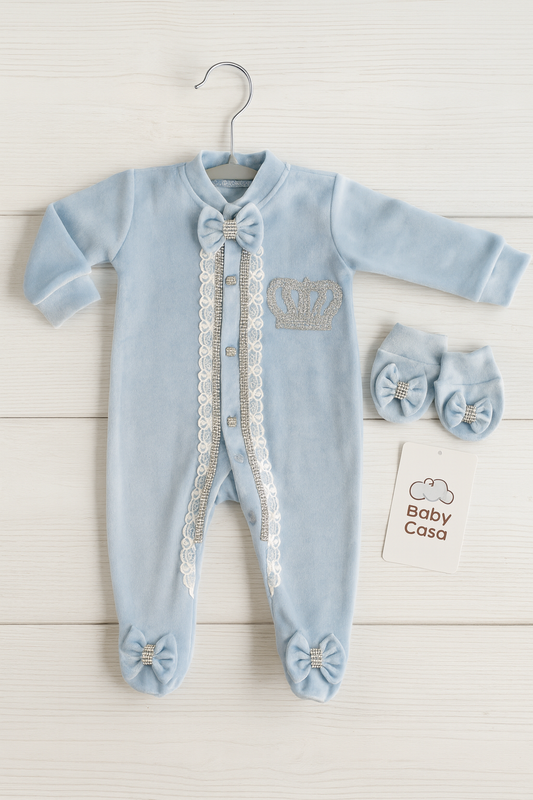 Little Prince/Princess Blue Velvet Royal Romper Set