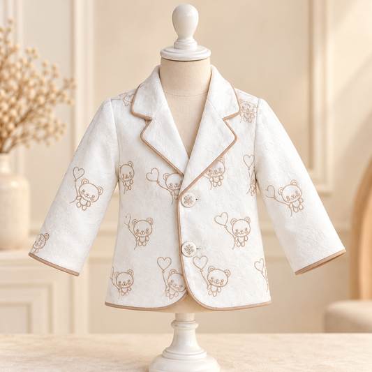 A baby boy's short-sleeve blazer in white textured fabric with a light brown teddy bear and heart pattern, displayed on a cream-colored mannequin torso.