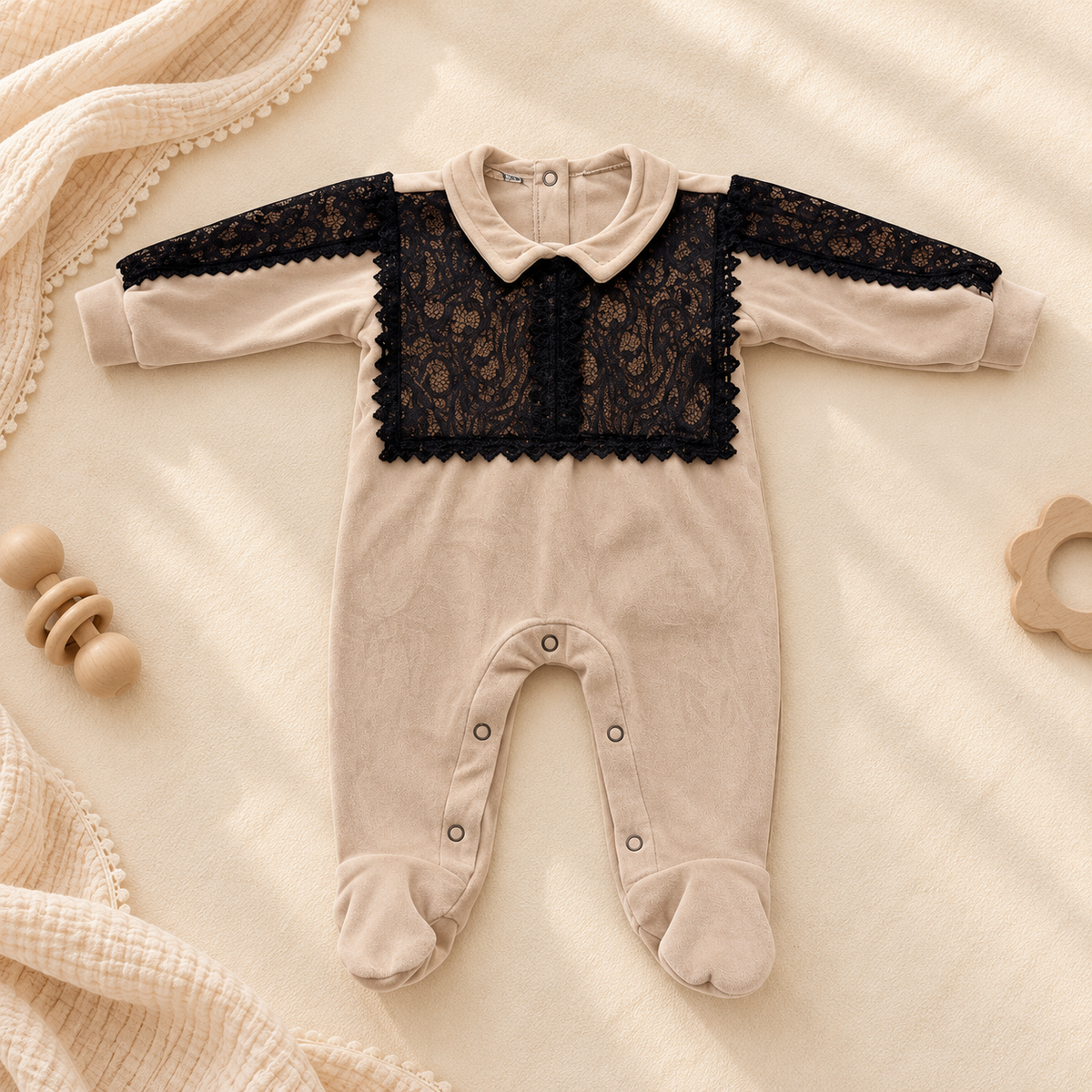A baby footed sleeper laid flat on a soft cream fabric background with wooden toys and a textured blanket nearby. The sleeper has a warm beige body and legs, long sleeves, a matching collar, and a contrasting black lace yoke panel across the chest.