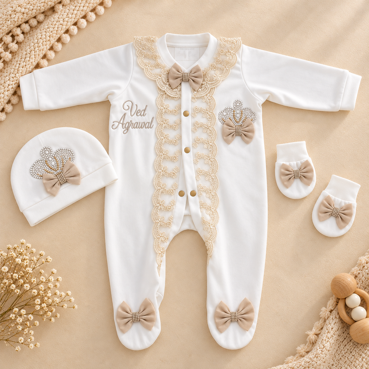 Beige Bow Romper Set