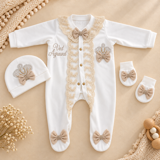 Beige Bow Romper Set