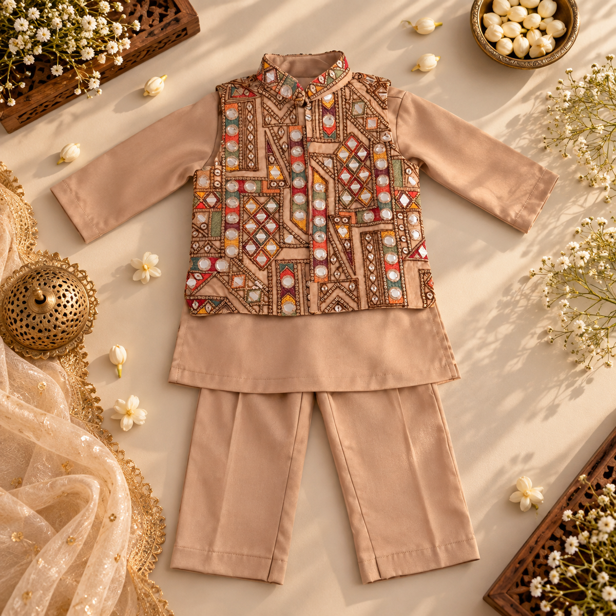 Beige Mirror Work Kurta Set
