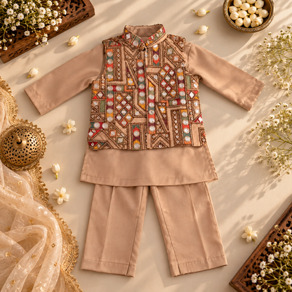 Beige Mirror Work Kurta Set