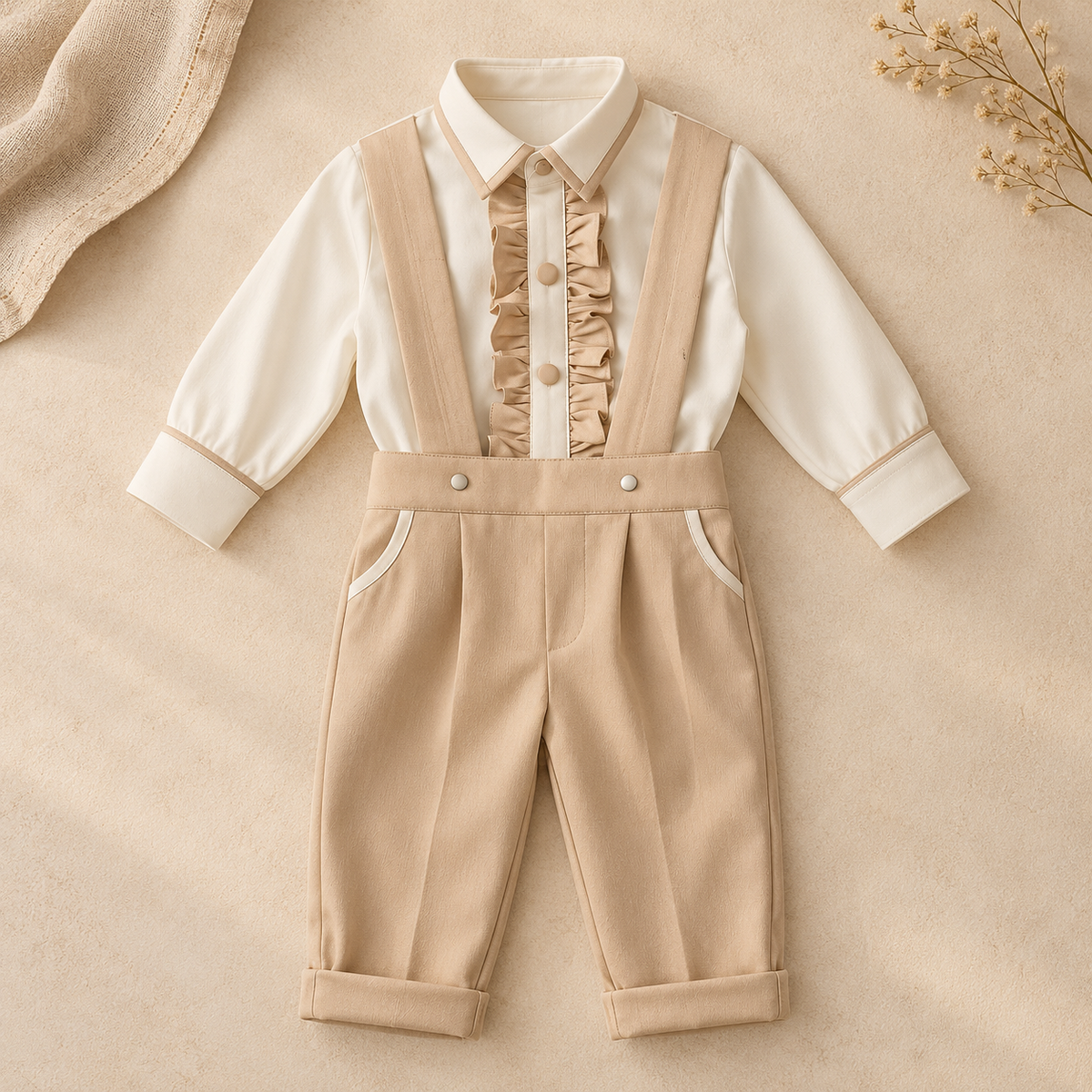 A baby boy's two-piece outfit featuring a cream long-sleeve collared shirt with a ruffled front placket and beige suspenders over matching beige trousers, laid flat on a beige textured background with decorative dried flowers.