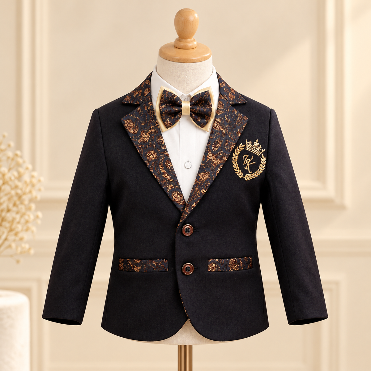 A boy's formal suit jacket displayed on a mannequin with a white dress shirt and matching bow tie. The jacket is black with ornate gold and brown patterned lapels, pocket flaps, and a gold crest on the chest.
