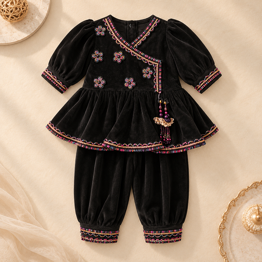 Black Embellished Peplum Set