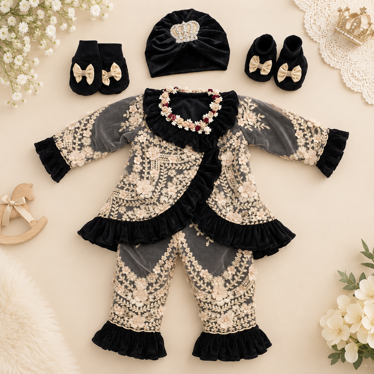 A baby girl's three-piece outfit set featuring a long-sleeve top, matching pants, and accessories including a beanie, booties, and booties, arranged in a flat lay on a beige background with decorative props.