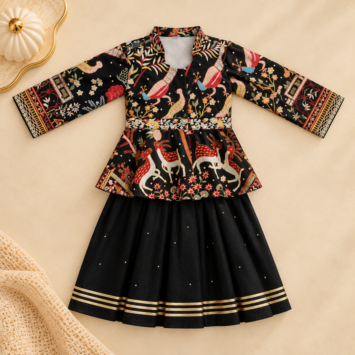 A traditional Indian girl's outfit consisting of a black long-sleeve top with colorful folk art patterns and a matching black flared skirt with gold stripes, laid flat on a beige background.