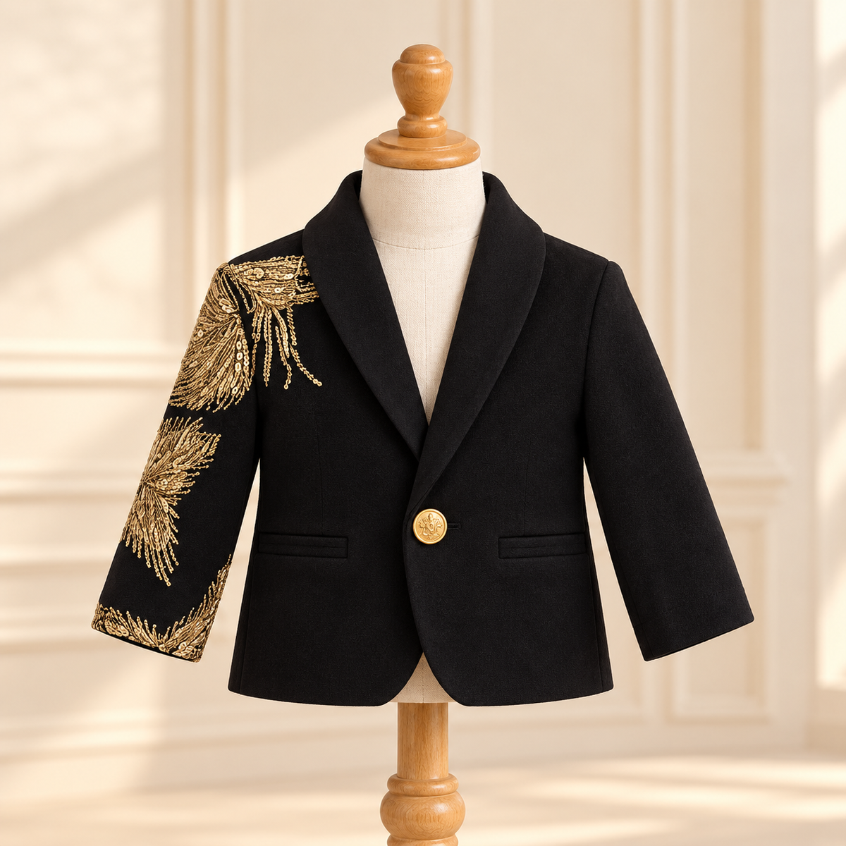 A black children's blazer with ornate gold embroidered detailing on one sleeve, displayed on a cream mannequin torso with a wooden stand against a softly lit cream paneled background.