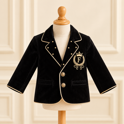 A black velvet children's blazer with gold trim and a gold crest monogram on the chest, displayed on a cream-colored mannequin torso against a beige paneled wall.