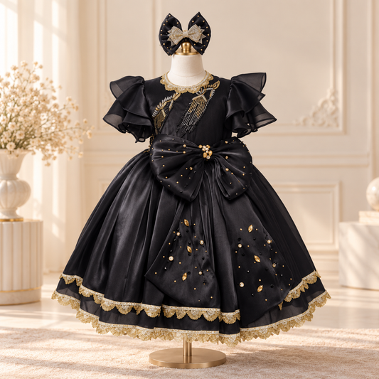 A black formal girls' dress displayed on a mannequin in an elegant indoor setting. The dress has sheer ruffled short sleeves, a large bow at the waist, gold embroidered details, and a gold scalloped hem.