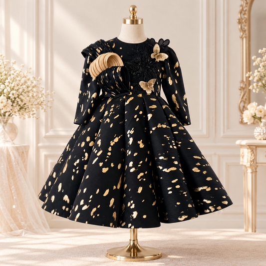 A black girls' party dress with gold abstract splatter print, displayed on a gold mannequin stand in an elegant room. The dress features a round neckline, three-quarter sleeves with ruffled detailing, a fitted waist, and a full flared skirt.