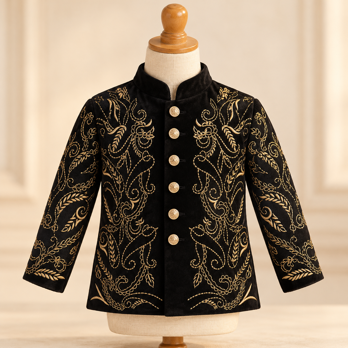 A black velvet long-sleeve jacket with ornate gold embroidery and a stand collar, displayed on a cream mannequin torso with a wooden neck cap.