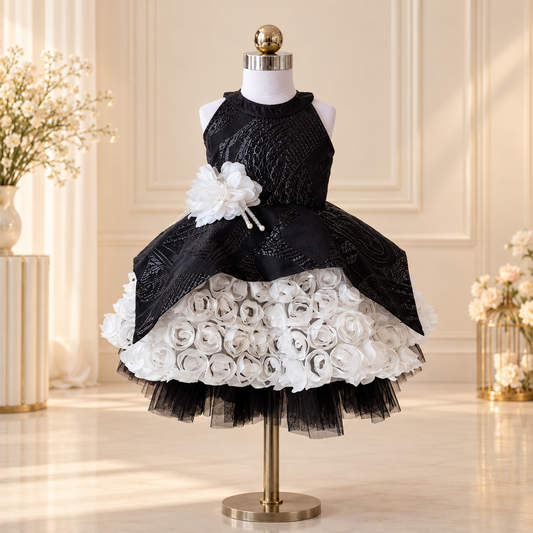 A sleeveless black and white girls' party dress displayed on a white mannequin dress form with a gold stand. The dress features a textured black lace bodice, a large white fabric flower applique on the side, and a tiered skirt made of white fabric roses with a black tulle underskirt.