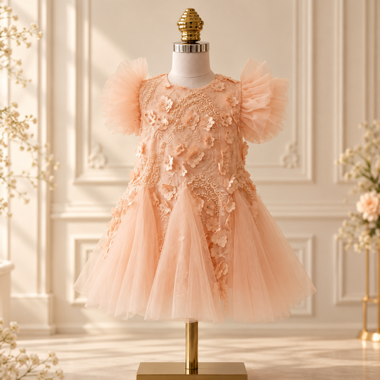 A peach-pink toddler girl's party dress displayed on a white mannequin dress form with a gold finial. The dress features short puff sleeves, a floral applique bodice, and a layered tulle skirt, set against a warm, elegant interior background with decorative floral arrangements.