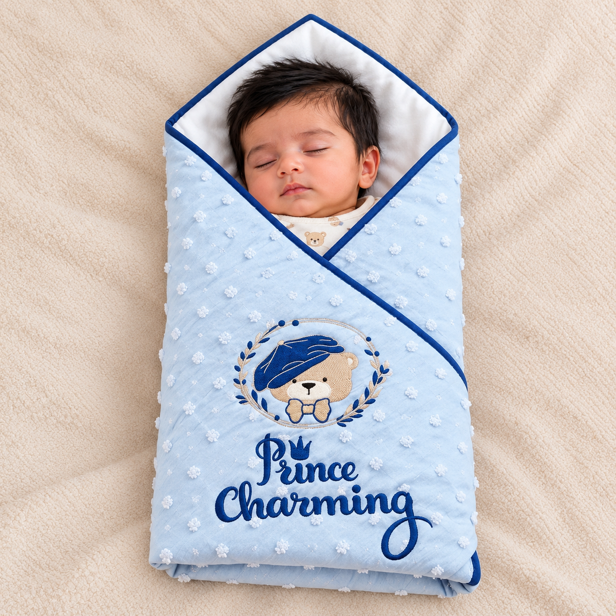A sleeping newborn baby is swaddled in a light blue minky dot blanket wrap with navy blue trim and an embroidered teddy bear wearing a blue beret with the text 'Prince Charming'. The baby is lying on a beige blanket.